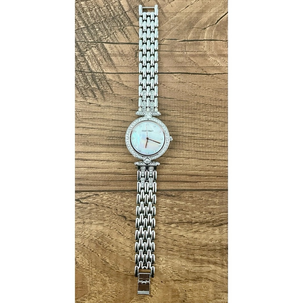 Ellen Tracy Womens Silver Crystal Watch Mother of Pearl Dial Dress Bracelet